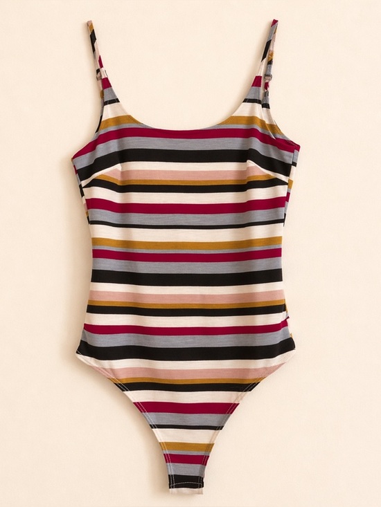 Lulus Tops - Lulu's Multicolor Striped Scoop Neck Bodysuit in Magenta, Mustard & Black